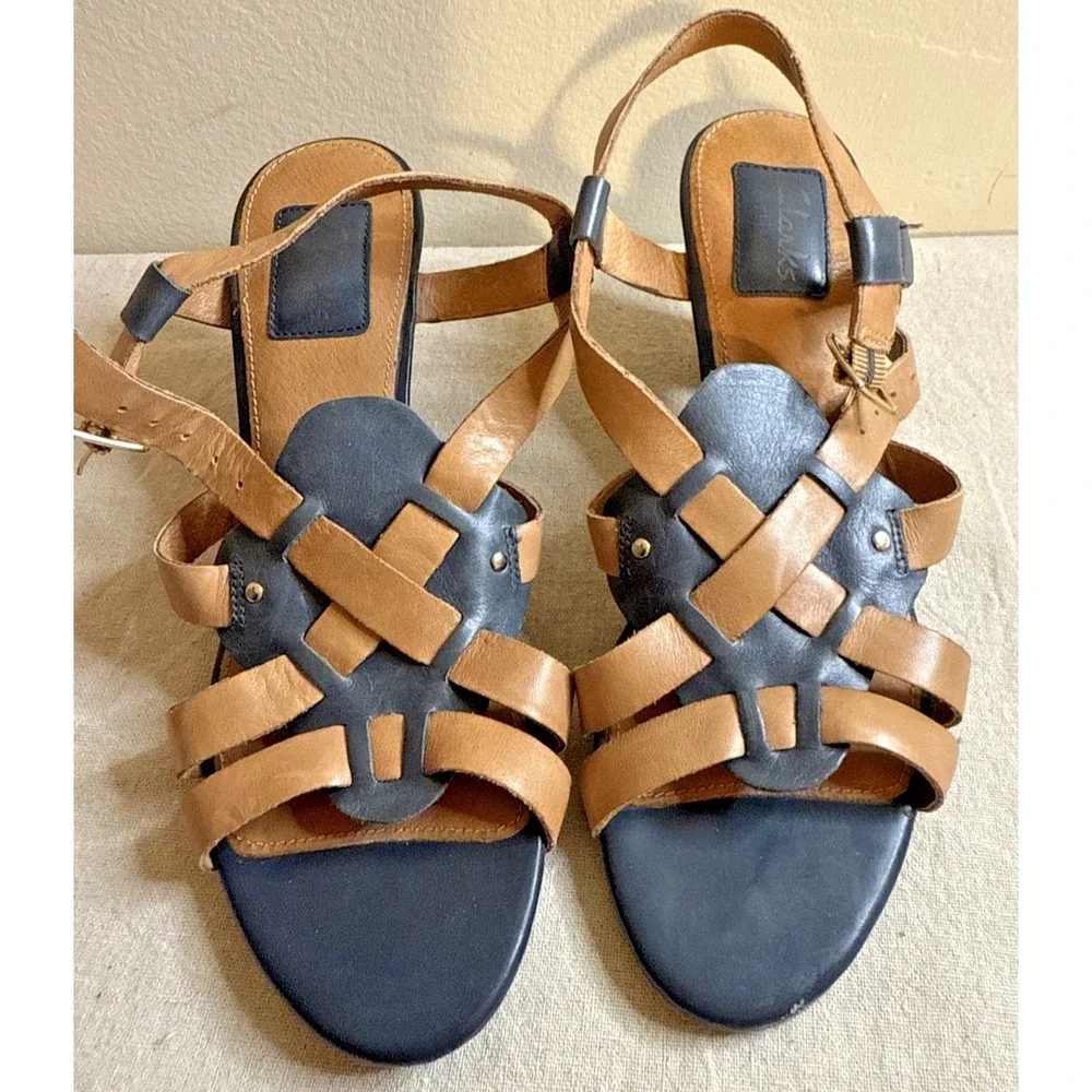 Clarks Blue Brown Leather Adjustable Ankle Strap High Wedge Heel Sandals Sz‎ 7.5